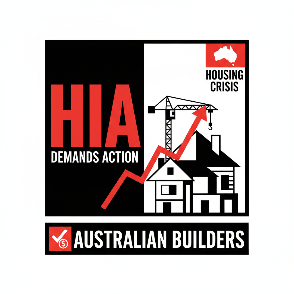 Builders discussing plans on a construction site with new homes backdrop, representing policy challenges.